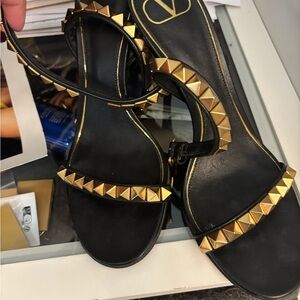 Valentino Black and Gold Pyramid Stud Sandals